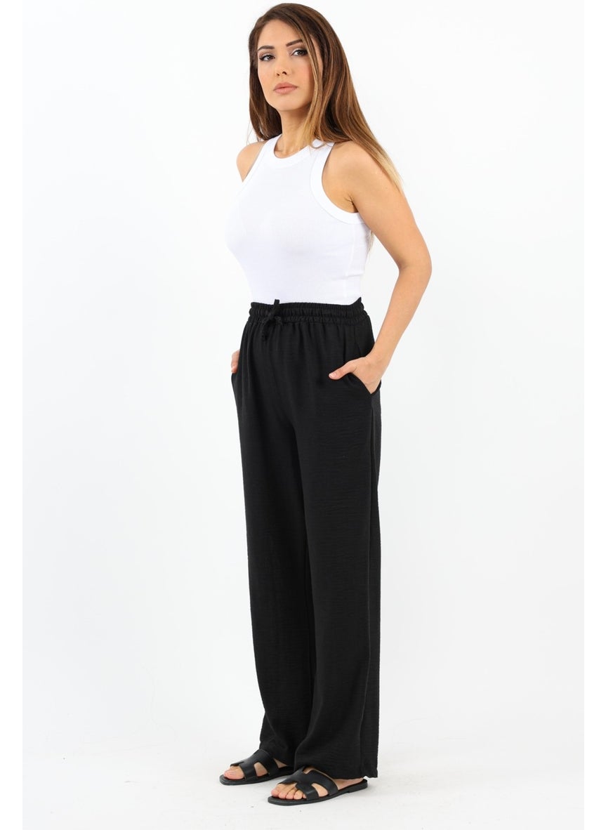 Women's Linen Comfy Black Straight Cut Elastic Waist Trousers