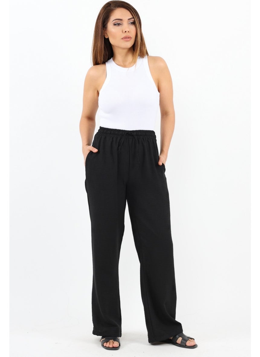 Women's Linen Comfy Black Straight Cut Elastic Waist Trousers