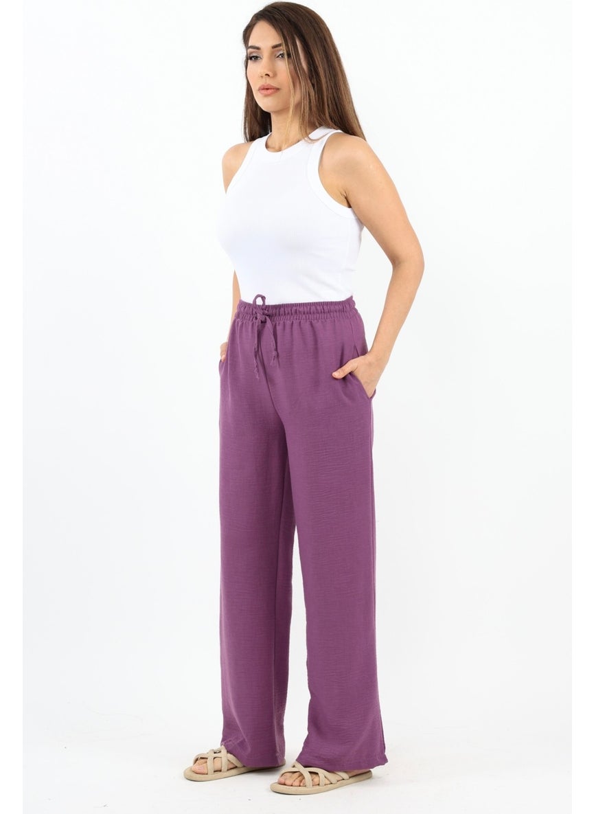 Women's Linen Comfy Purple Straight Cut Elastic Waist Trousers