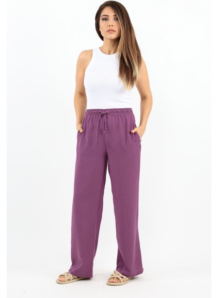 Women's Linen Comfy Purple Straight Cut Elastic Waist Trousers