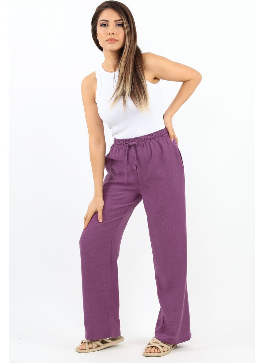 Women's Linen Comfy Purple Straight Cut Elastic Waist Trousers