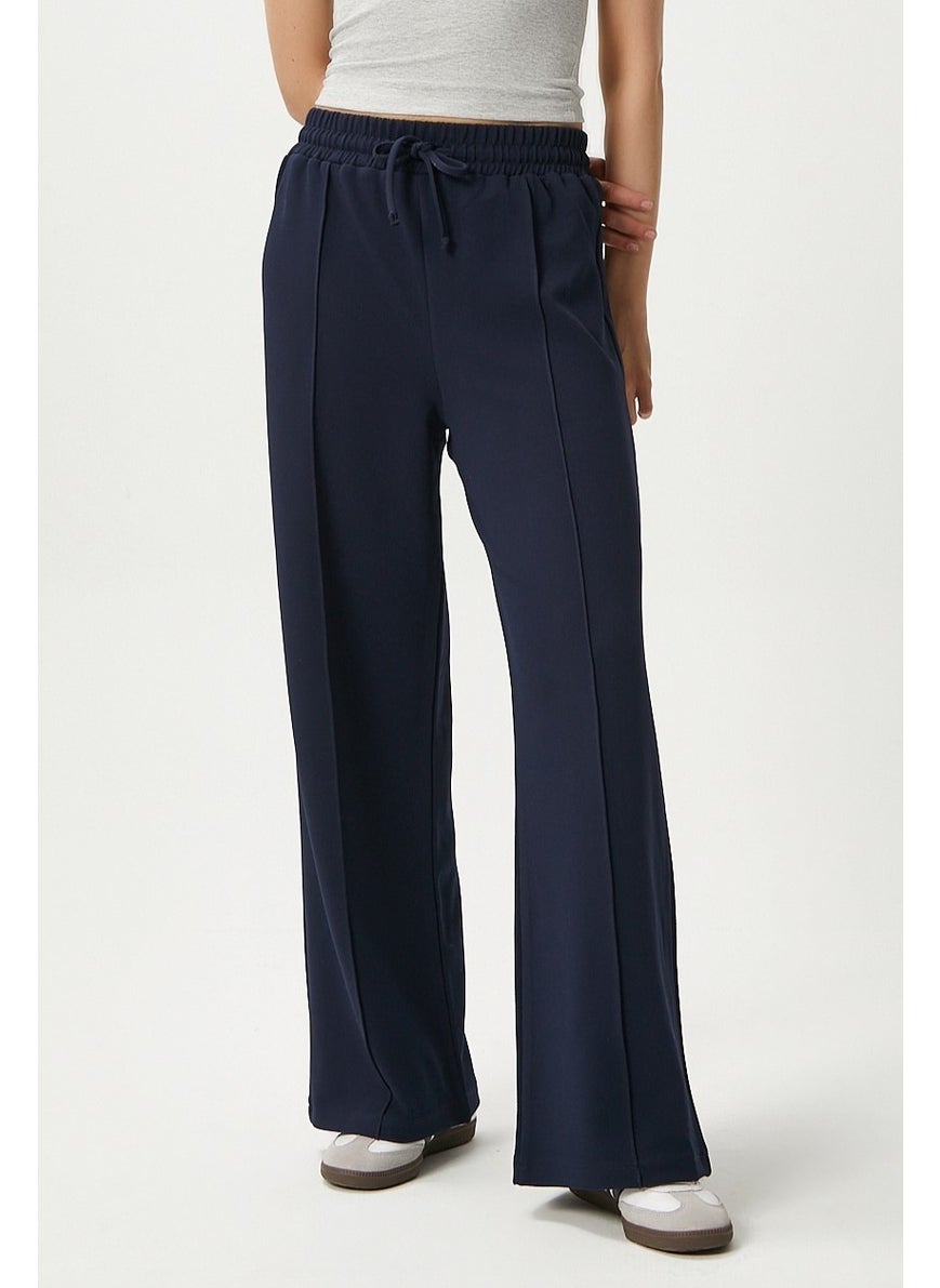 Women's Moment Laced Lycra Waist Elastic Navy Blue Palazzo Trousers