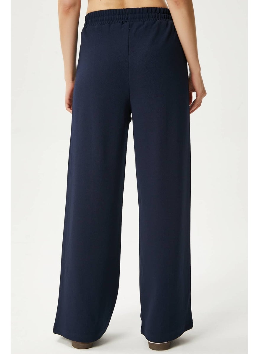 Women's Moment Laced Lycra Waist Elastic Navy Blue Palazzo Trousers