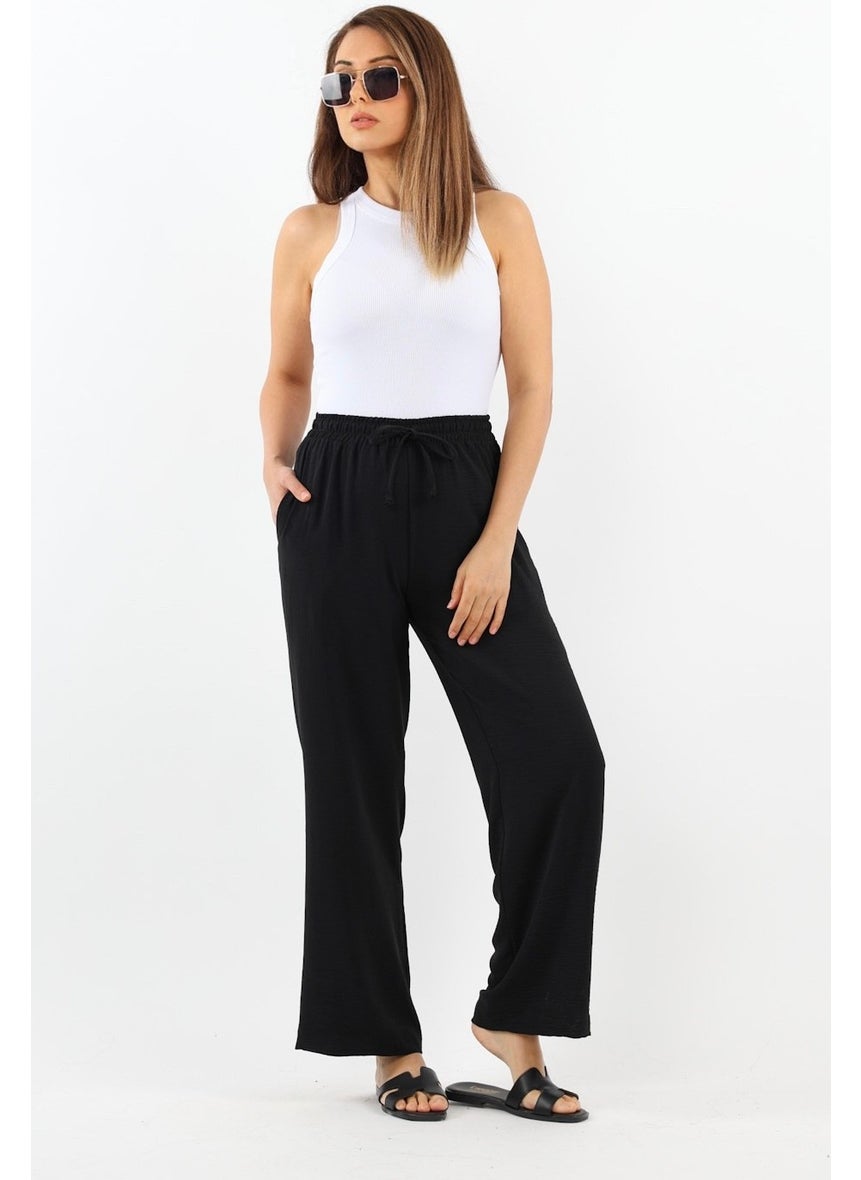 Women's Relaxed Black Waist Elastic Straight Cut Pocket Ayrobin Trousers