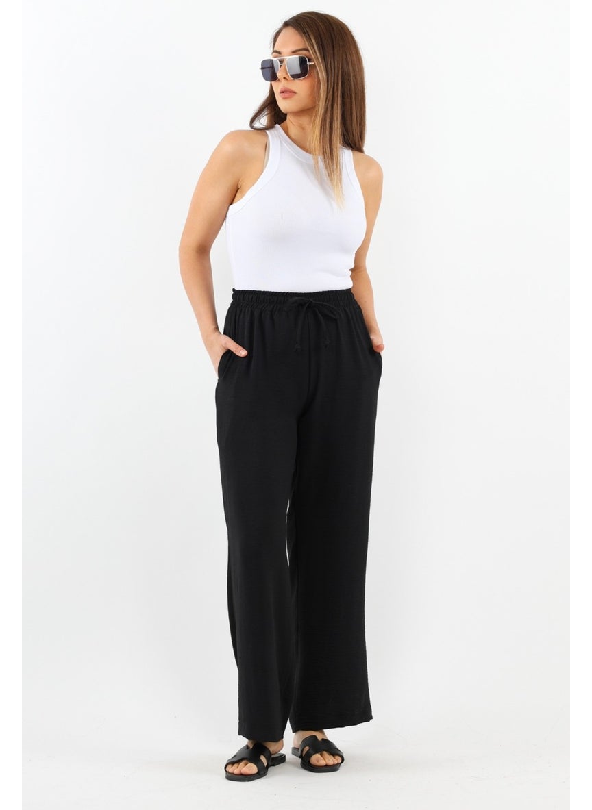Women's Relaxed Black Waist Elastic Straight Cut Pocket Ayrobin Trousers