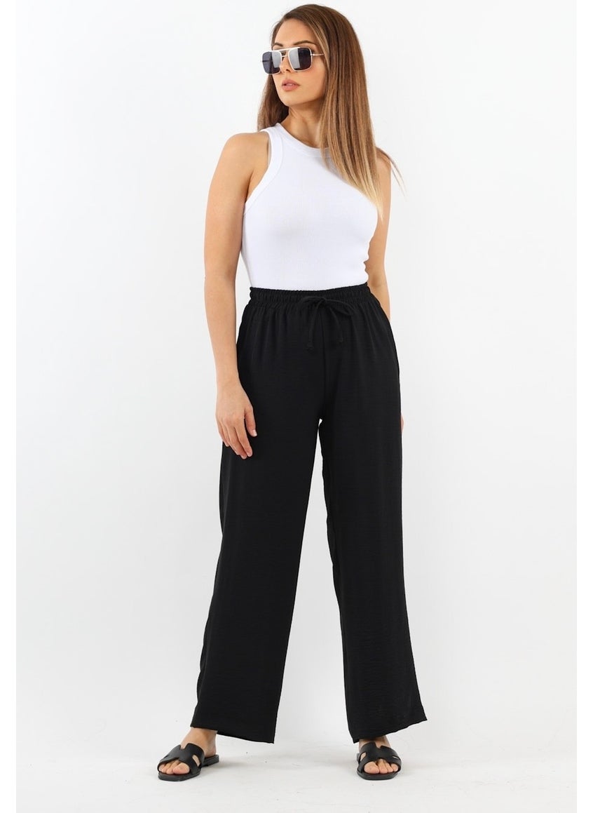 Women's Relaxed Black Waist Elastic Straight Cut Pocket Ayrobin Trousers