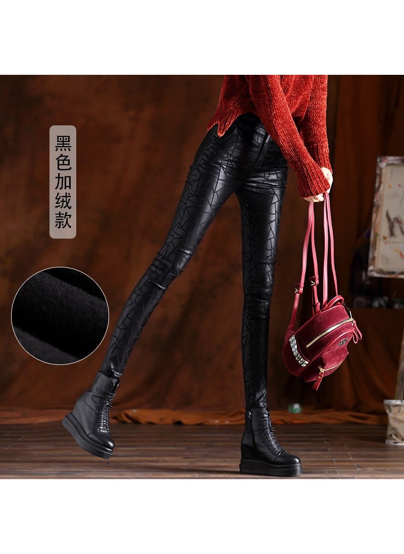 High-waisted Womens Fashionable Slimming Elastic Long Pants For Spring/autumn Outer Wear Black fleece-lined