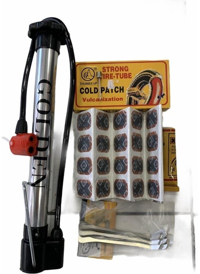 Golden Bicycle Pump Aluminum Short+Patch+Iron Lever+Ball Inflation Needle