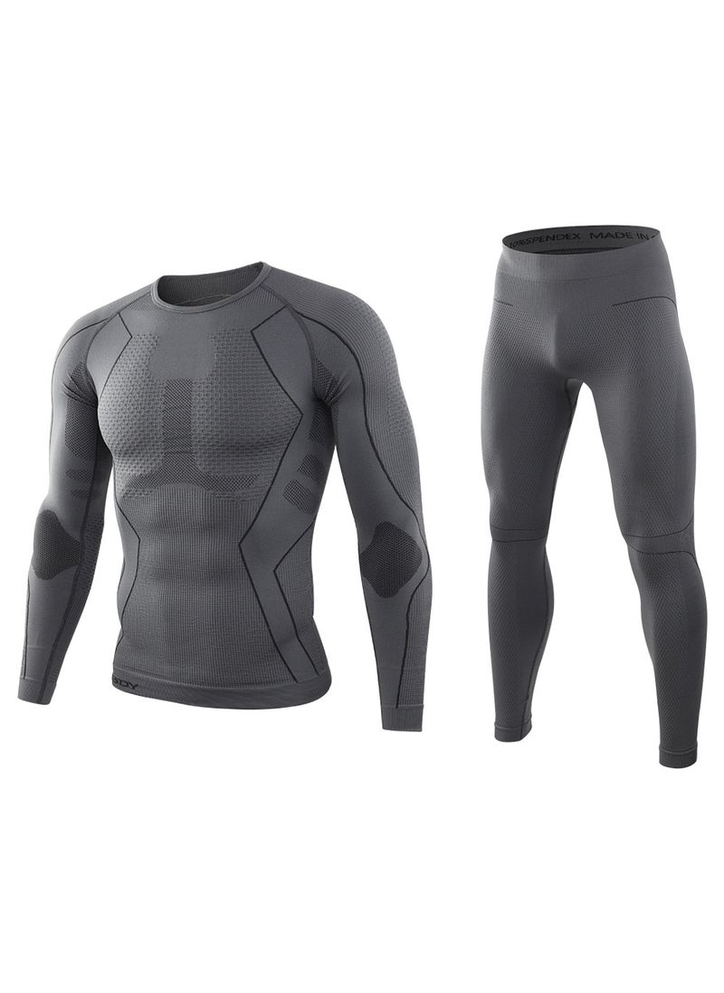 Mens Outdoor Training Suit Warm Knitted Thermal Underwear Fitness Clothing Set Body Shaping Winter Sports Gear Cotton Blend Grey