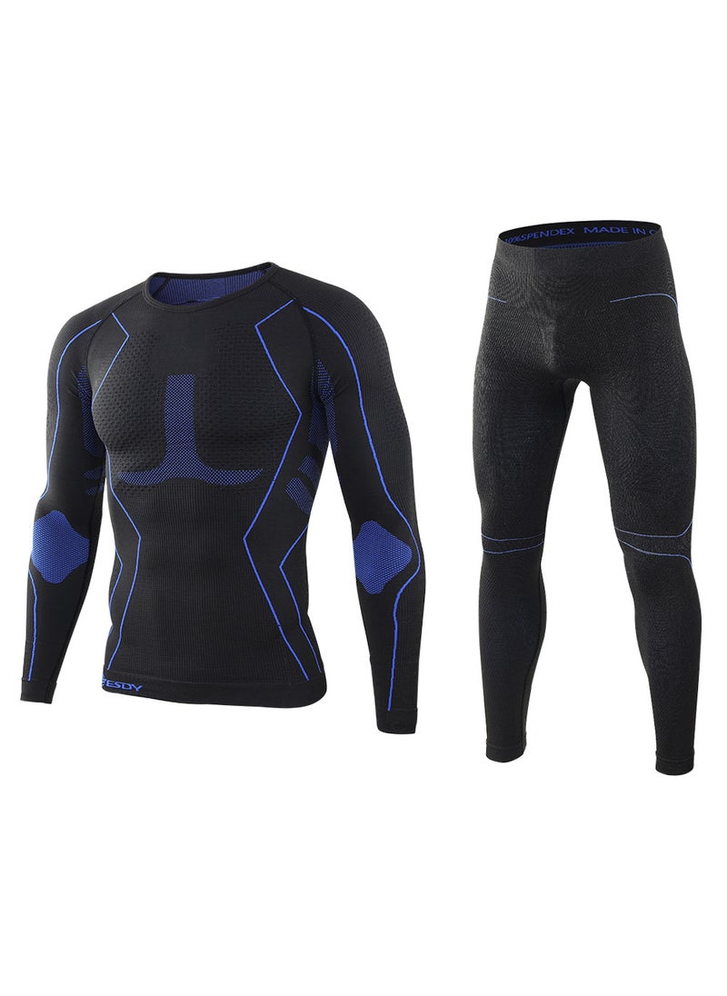 Mens Outdoor Training Suit Warm Knitted Thermal Underwear Fitness Clothing Set Body Shaping Winter Sports Gear Cotton Blend Black