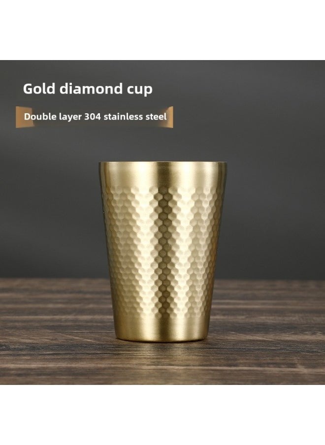 304 Stainless Steel Double-layer Insulated Korean-style Mouth Cup Children's Drop-proof Restaurant Beer Cup Juice Cup Tea Cup-Color:Golden Diamond Cup-Capacity:300ml