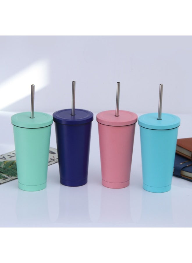 Double Layer 304 Stainless Steel Suction Tube Cup Creative Car Vacuum Coffee Cup Men's And Women's Solid Color Fashion Thermal Insulation Cup-Color:Style 2-Capacity:401-500ml