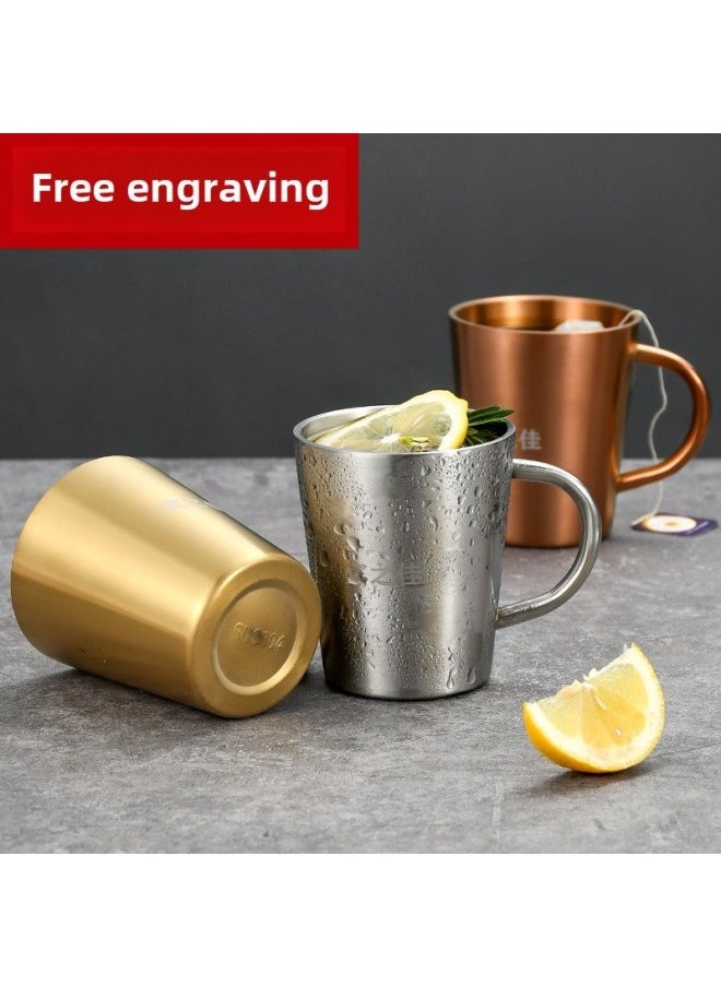 Korean-style 304 Stainless Steel Double-layer Water Cup With Handlebar Beer Cup Insulated Household Coffee Mug Restaurant Mouth Cup-Color:304 With Handle -Capacity:450ml
