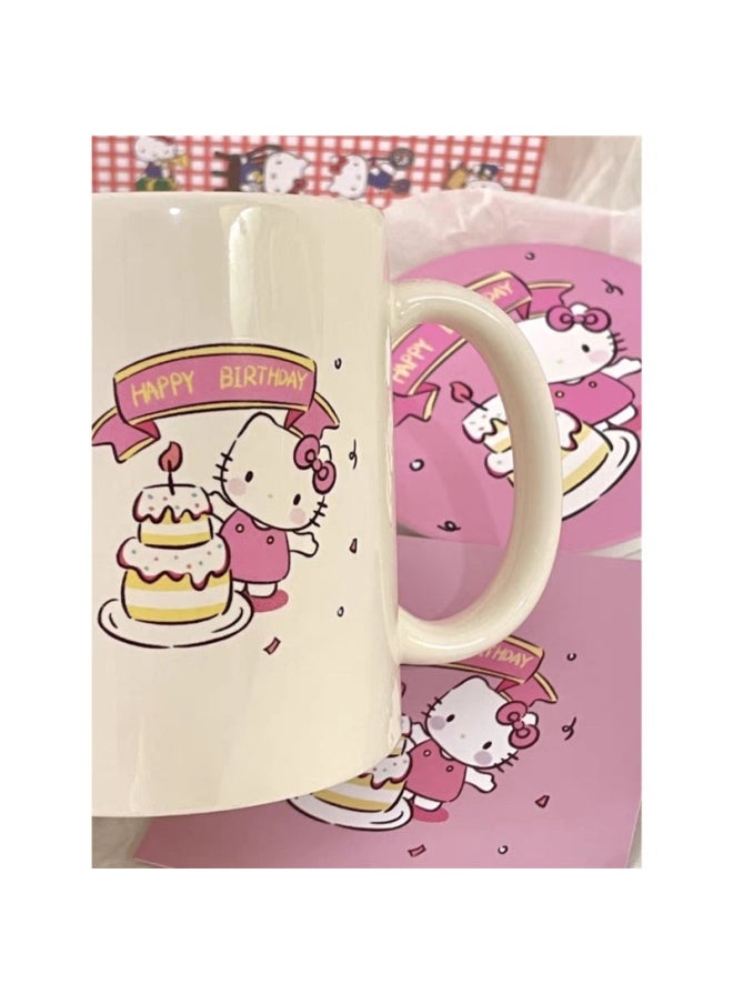 Cute Hello Kitty Mark Cup Ins Style High Color Value Cartoon Hellokitty Water Cup Cup Dormitory Belt Handle-Color:Cup ➕ Wooden Spoon ➕ Wooden Cover-Capacity:Standard