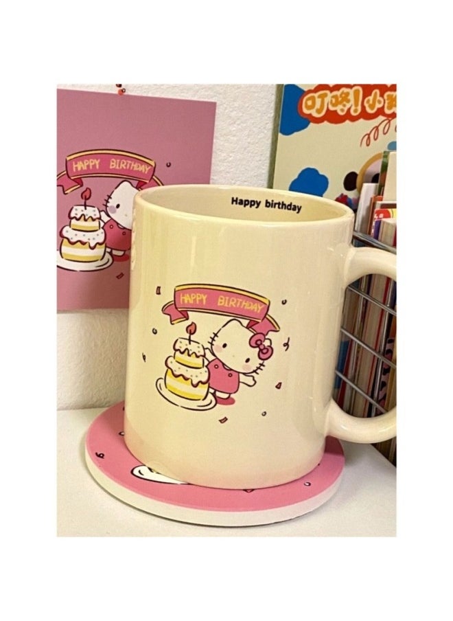 Cute Hello Kitty Mark Cup Ins Style High Color Value Cartoon Hellokitty Water Cup Cup Dormitory Belt Handle-Color:Cup ➕ Wooden Spoon ➕ Wooden Cover-Capacity:Standard