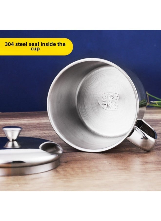 Stainless Steel Mouth Cup 304 Food Grade Drinking Cup Thickened Student Kindergarten Children's Lid Cup Single Layer Handle-Color:304 Cup Thickened [new Lid]]-Capacity:11cm (with Cover)