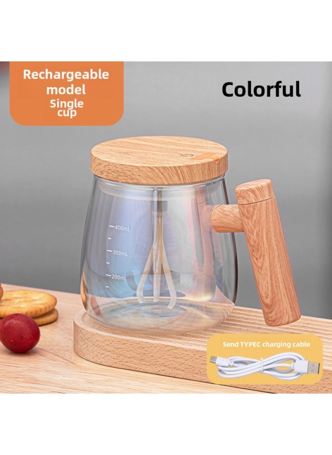 Automatic Stirring Coffee Mug High Aesthetic Electric Maple Wood Color Mixing Cup Durable Kitchen Tableware-Color:Cup Body-Rainbow Blue (rechargeable)-Capacity:400ml