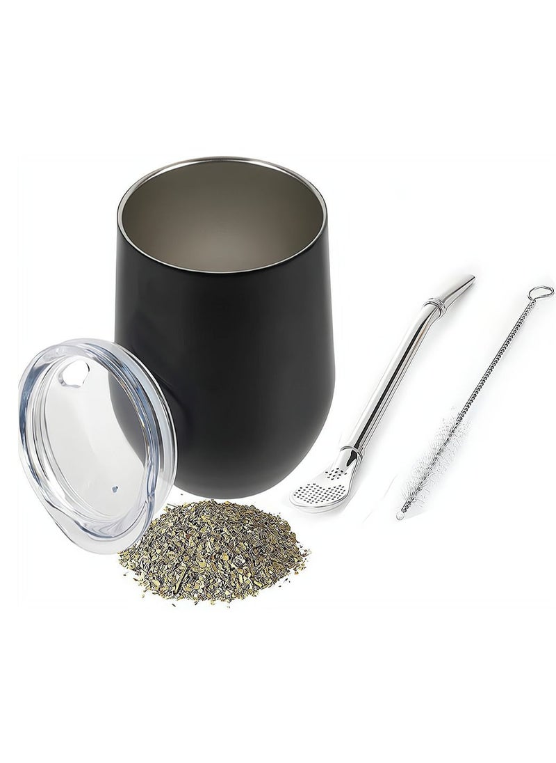 Yerba Mate Tea Cup And Bombilla Straw Set 12oz double-wall Stainless Coffee Water Natural Gourd Kit For Loose Leaf Drinking Easy to Clean