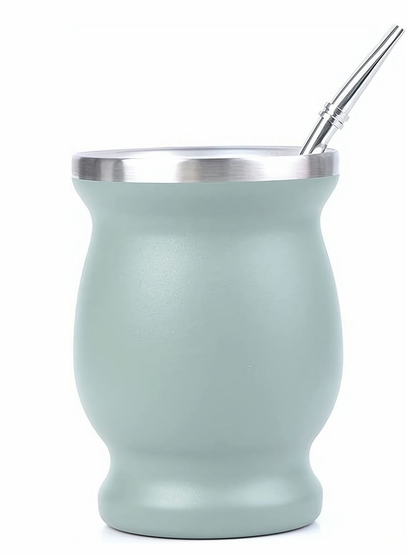 Yerba Mate Tea Cup, Stainless Steel Double Walled Easy Wash Household Insulation Gourds for Loose Leaf Drinking with Bombilla Straw, Light Green Color, 230 Ml