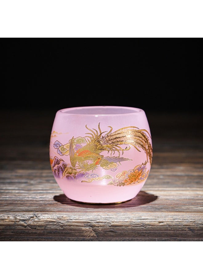 Glazed Porcelain Tea Cup - Handcrafted Kung Fu Gift Set(Pink) Gold Bottom Dragon and Phoenix Cup (Pink) Gold Bottom Dragon and Phoenix Cup