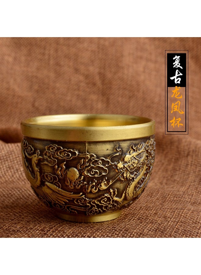 Vintage Brass Creative Chinese Style Dragon Phoenix Tea Cup Small Water Cup Desktop Ornament Metal Crafts [Bulk] [Retro Dragon and Phoenix Cup]