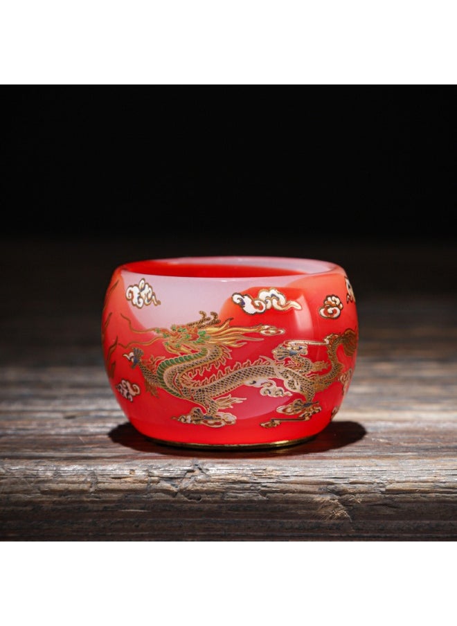 Glazed Porcelain Tea Cup - Handcrafted Kung Fu Gift Set(Agate Red) Dragon and Phoenix Cup with Gold Bottom (Agate Red) Dragon and Phoenix Cup with Gold Bottom