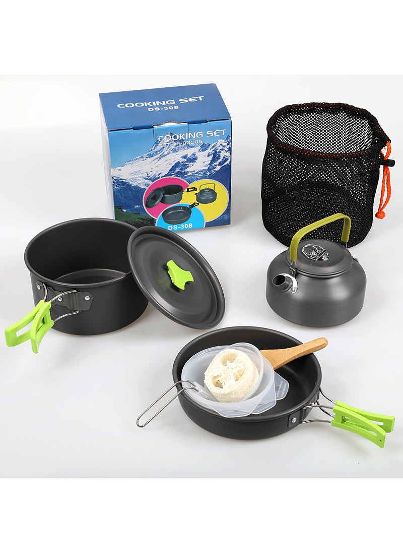 Outdoor Portable Aluminum Oxide Tea Pot Set with Accessories Camping Cooking Utensils DS-308 Combination Stove Pot Set Green handle + accessories