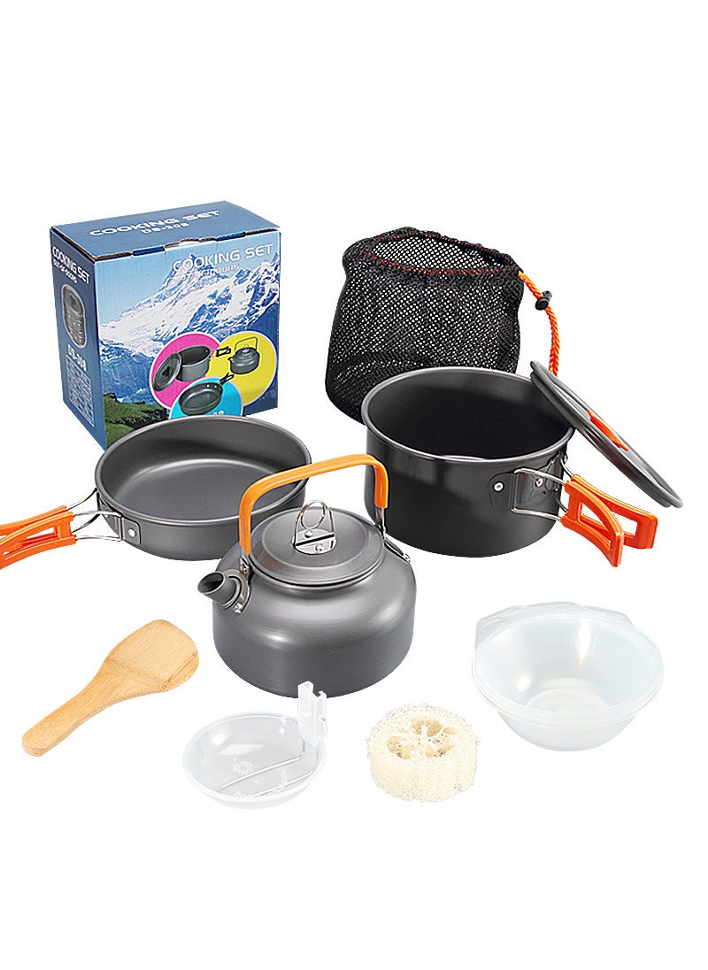 Outdoor Portable Aluminum Oxide Tea Pot Set with Accessories Camping Cooking Utensils DS-308 Combination Stove Pot Set Orange handle + accessories