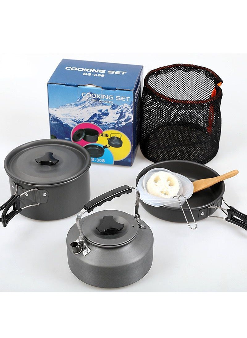 Outdoor Portable Aluminum Oxide Tea Pot Set with Accessories Camping Cooking Utensils DS-308 Combination Stove Kit Serving pot for 2-3 peopLe pLus 1.1L teapot and free mesh bag