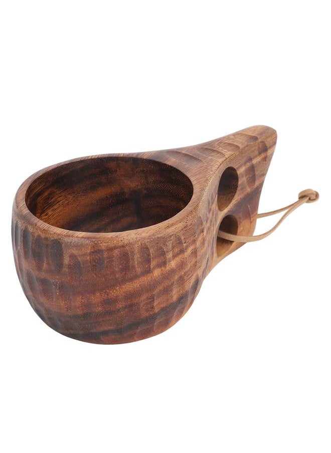 Wooden Cup Drinking Mug Nordic Style Natural Wood 2 Lanyard Hole Grooved Pattern Drinking Cup for Camping Hiking