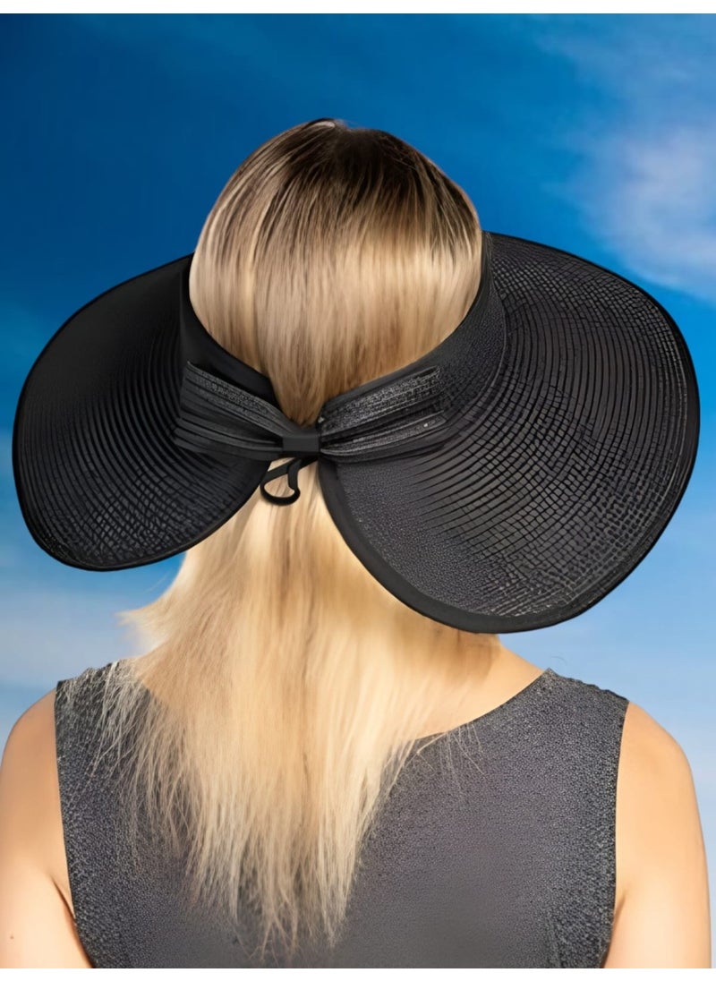 Women's Wide Brim UV Protection Bow Tie Straw Visor Hat