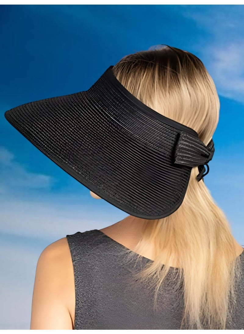 Women's Wide Brim UV Protection Bow Tie Straw Visor Hat