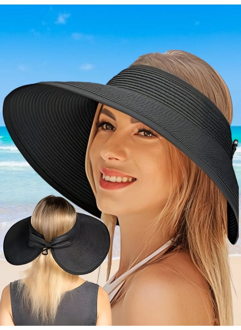 Women's Wide Brim UV Protection Bow Tie Straw Visor Hat