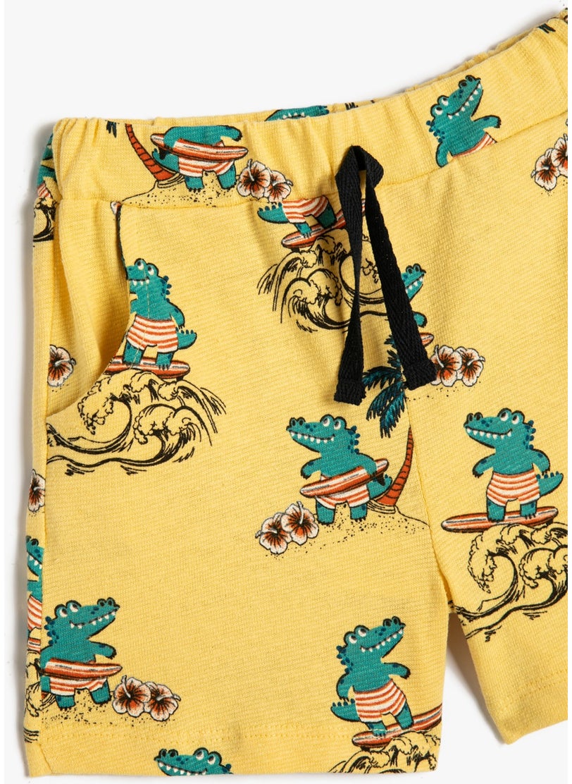 Cotton Shorts Tie Waist Pocket Crocodile Printed Cotton