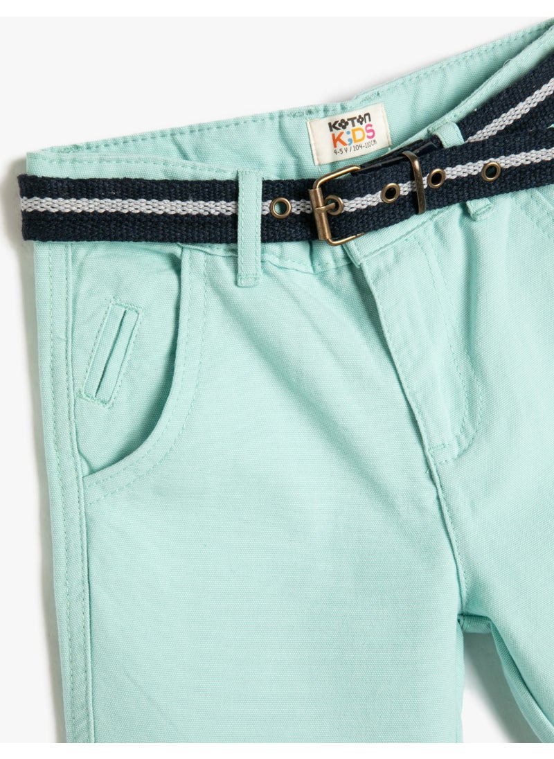 Basic Bermuda Shorts with Belt Detail and Pockets Cotton