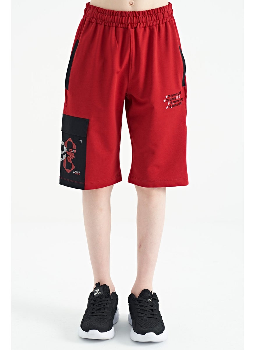 Red Side Pocket Detailed Embroidered Standard Pattern Boy Shorts - 11142