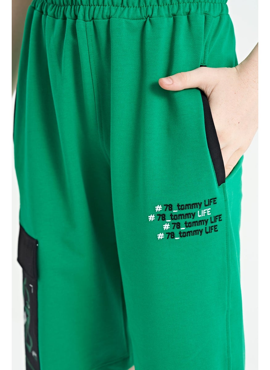Green Side Pocket Detailed Embroidered Standard Pattern Boy Shorts - 11142