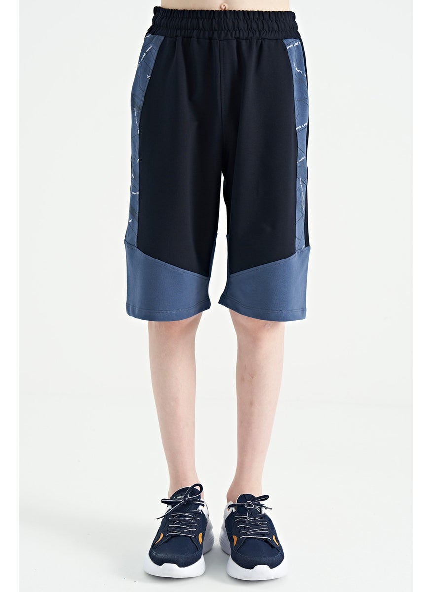 Navy Blue Side Print Detailed Color Block Standard Fit Boy Shorts - 11141