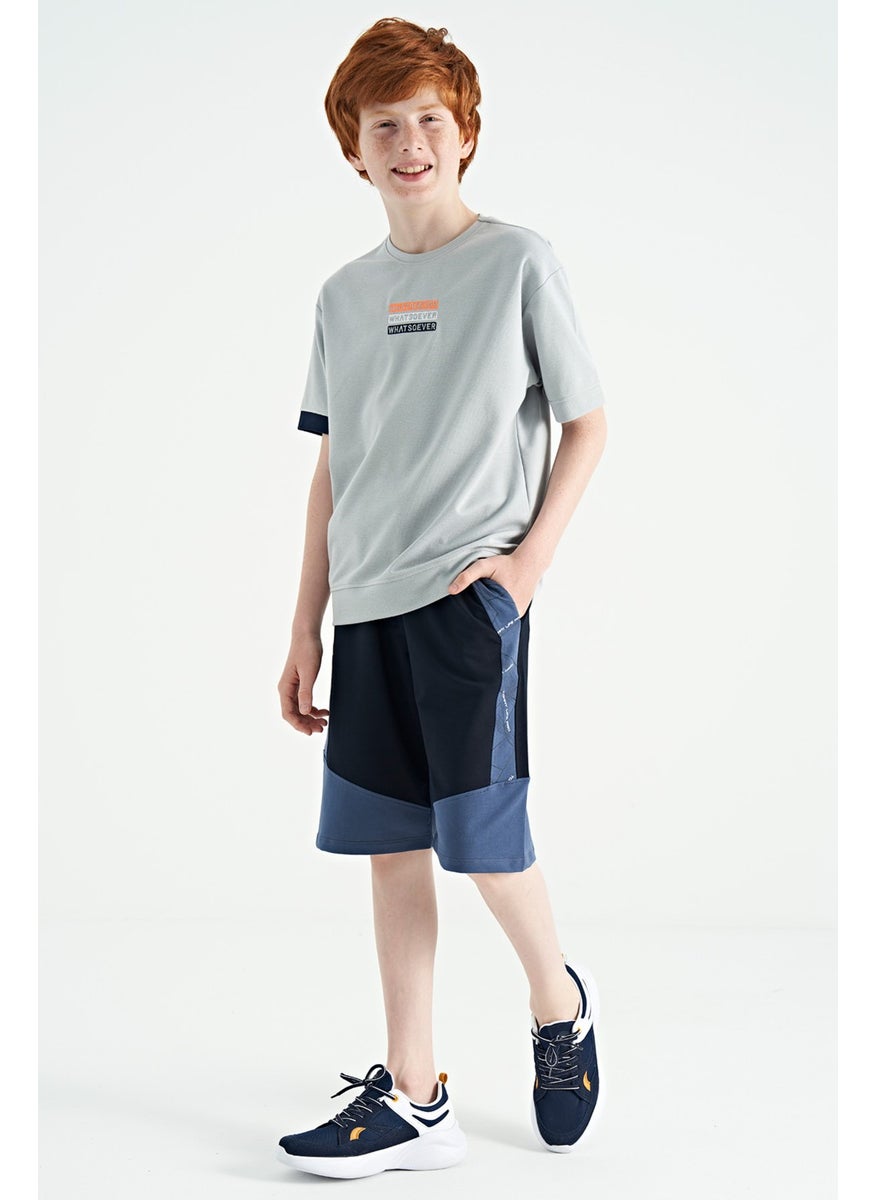 Navy Blue Side Print Detailed Color Block Standard Fit Boy Shorts - 11141