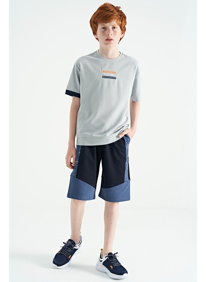 Navy Blue Side Print Detailed Color Block Standard Fit Boy Shorts - 11141