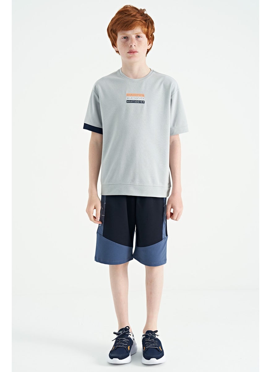 Navy Blue Side Print Detailed Color Block Standard Fit Boy Shorts - 11141