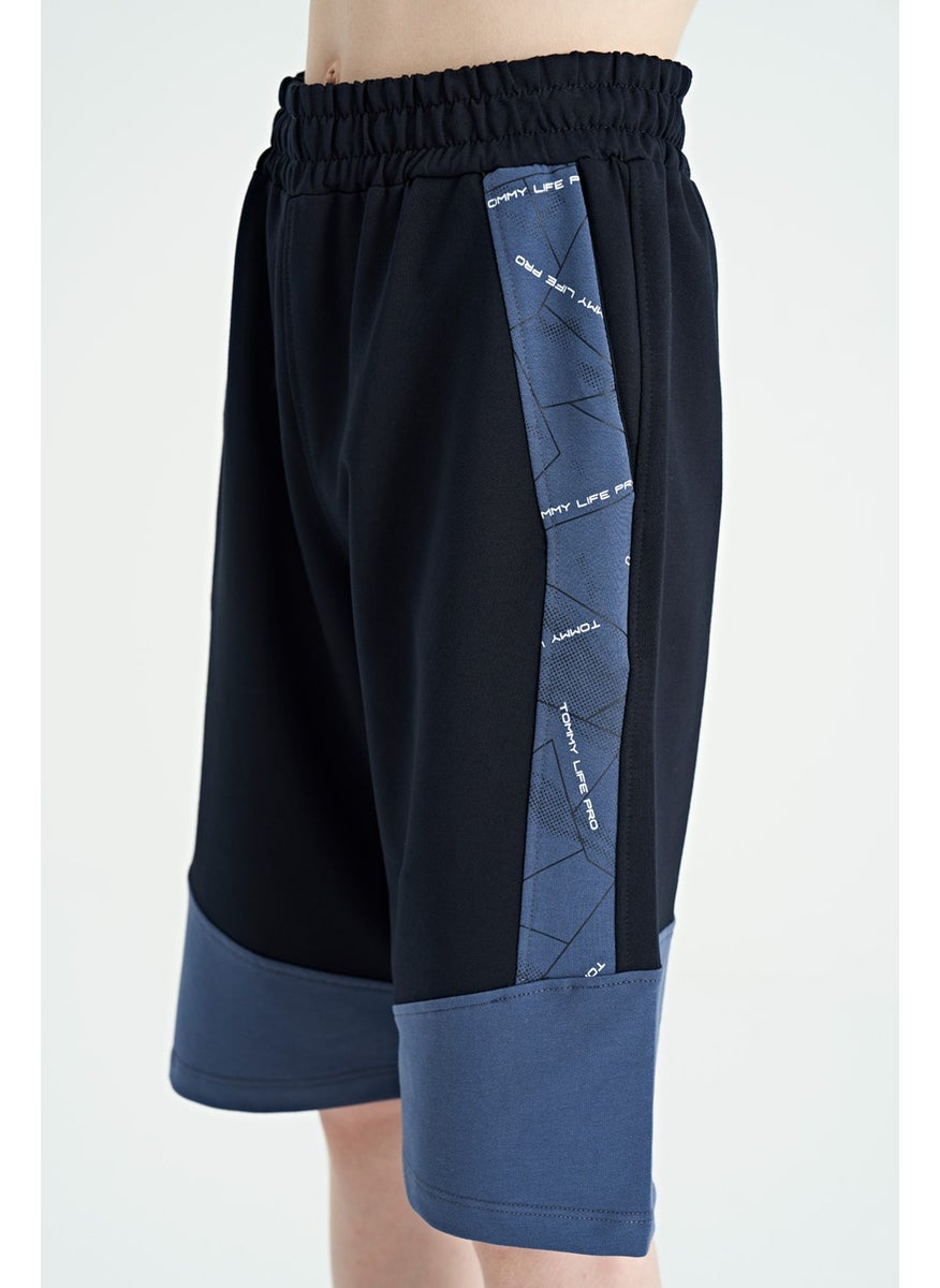 Navy Blue Side Print Detailed Color Block Standard Fit Boy Shorts - 11141