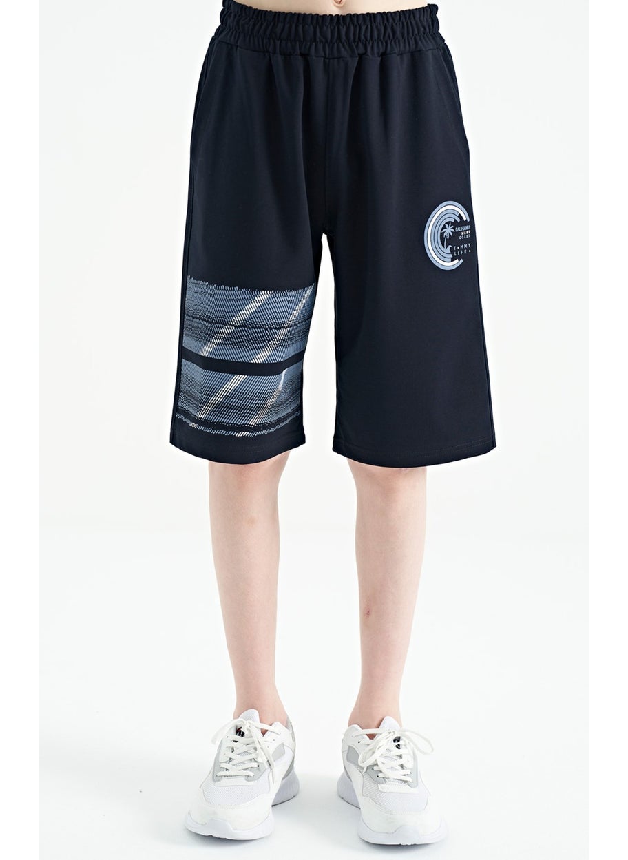 Navy Blue Printed Detailed Lace-Up Standard Pattern Boy Shorts - 11125