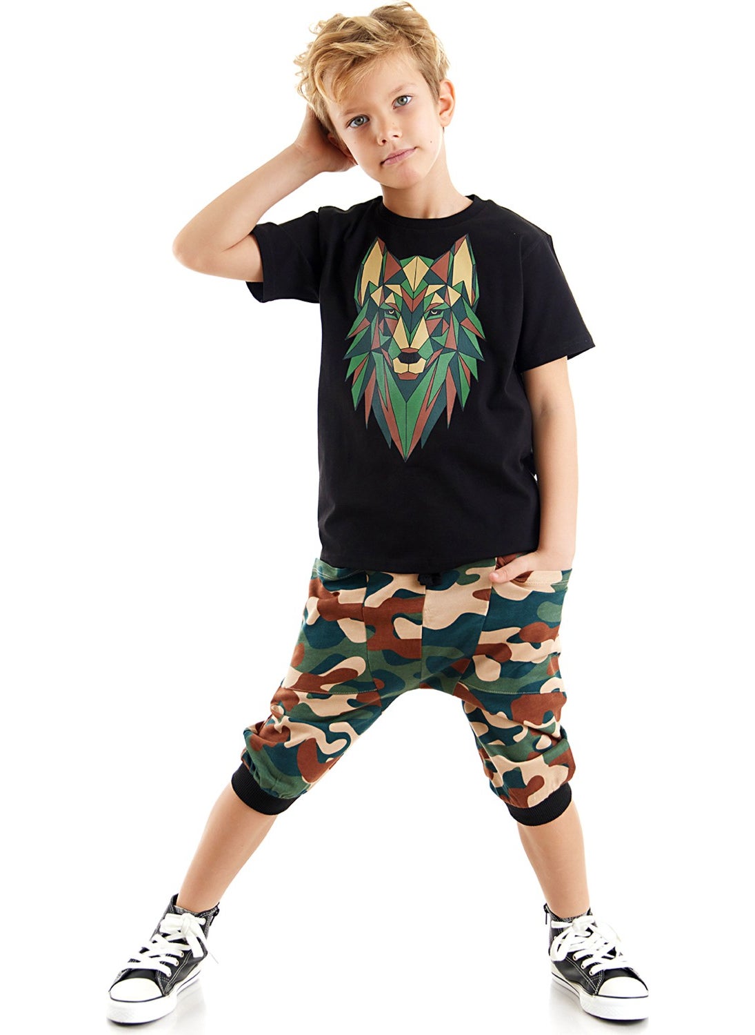 Geometric Wolf Boy T-Shirt Baggy Capri Set
