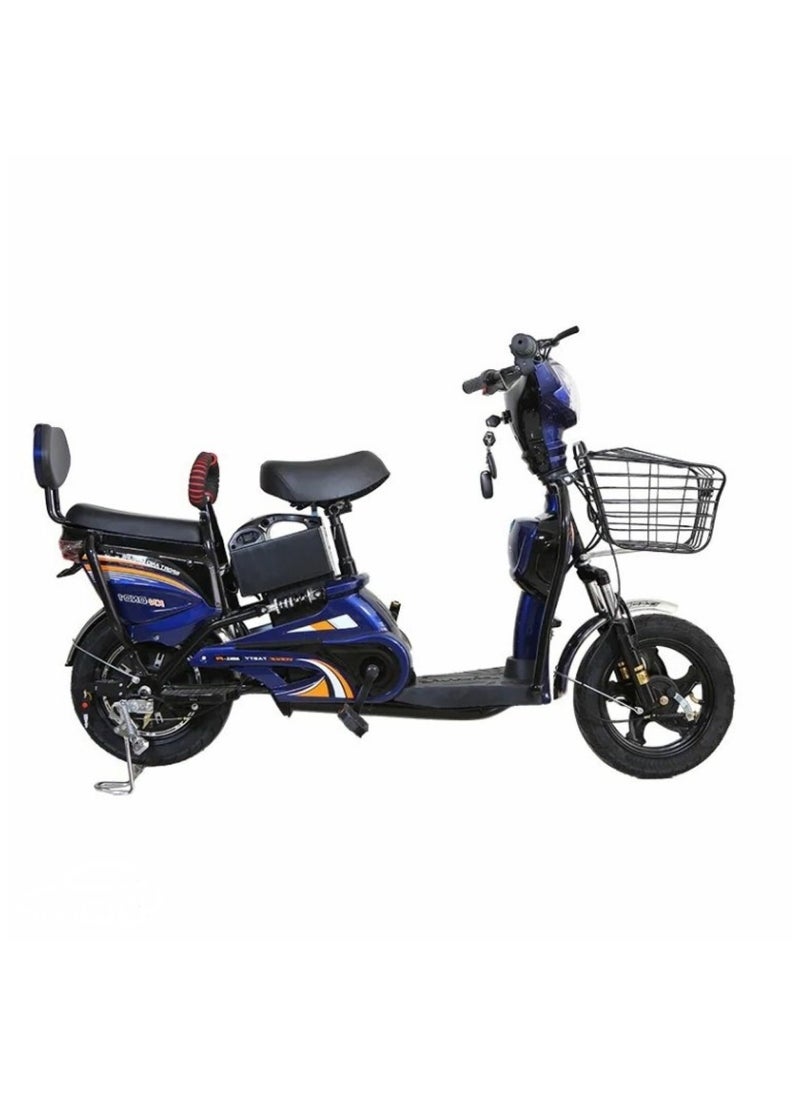 Blue Electric Bike with Grocery Basket 14 Tyres, Strong Battery, Everyday Use