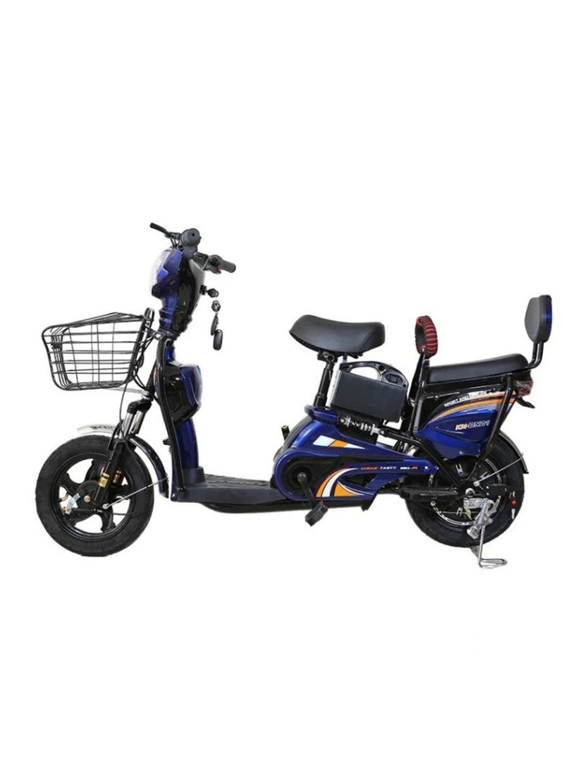 Blue Electric Bike with Grocery Basket 14 Tyres, Strong Battery, Everyday Use