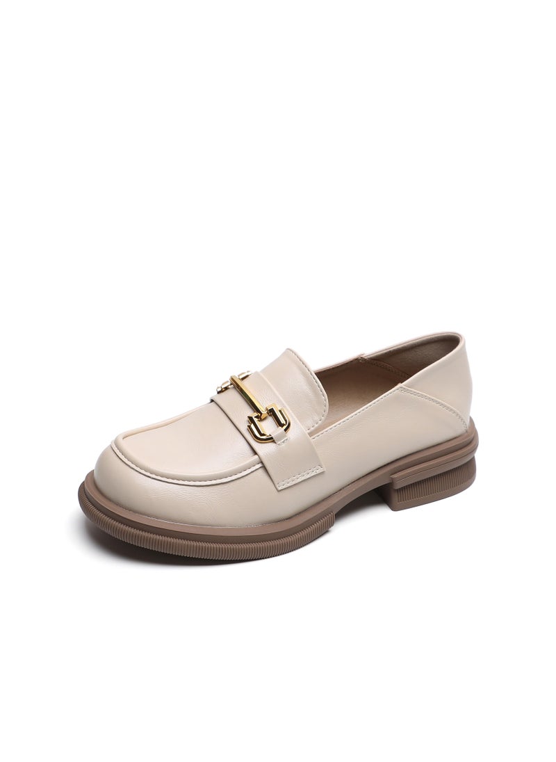 Vintage One Foot Pedal Small Leather Shoes British Style Soft Sole Beige