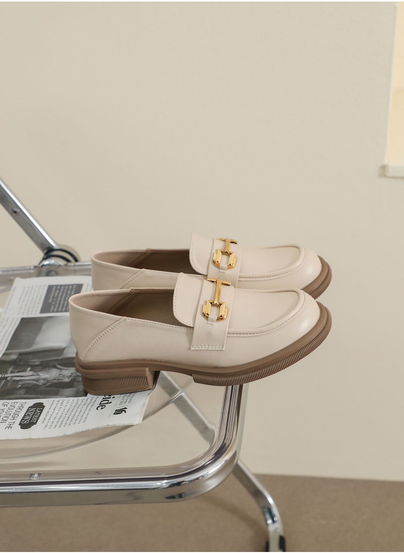 Vintage One Foot Pedal Small Leather Shoes British Style Soft Sole Beige