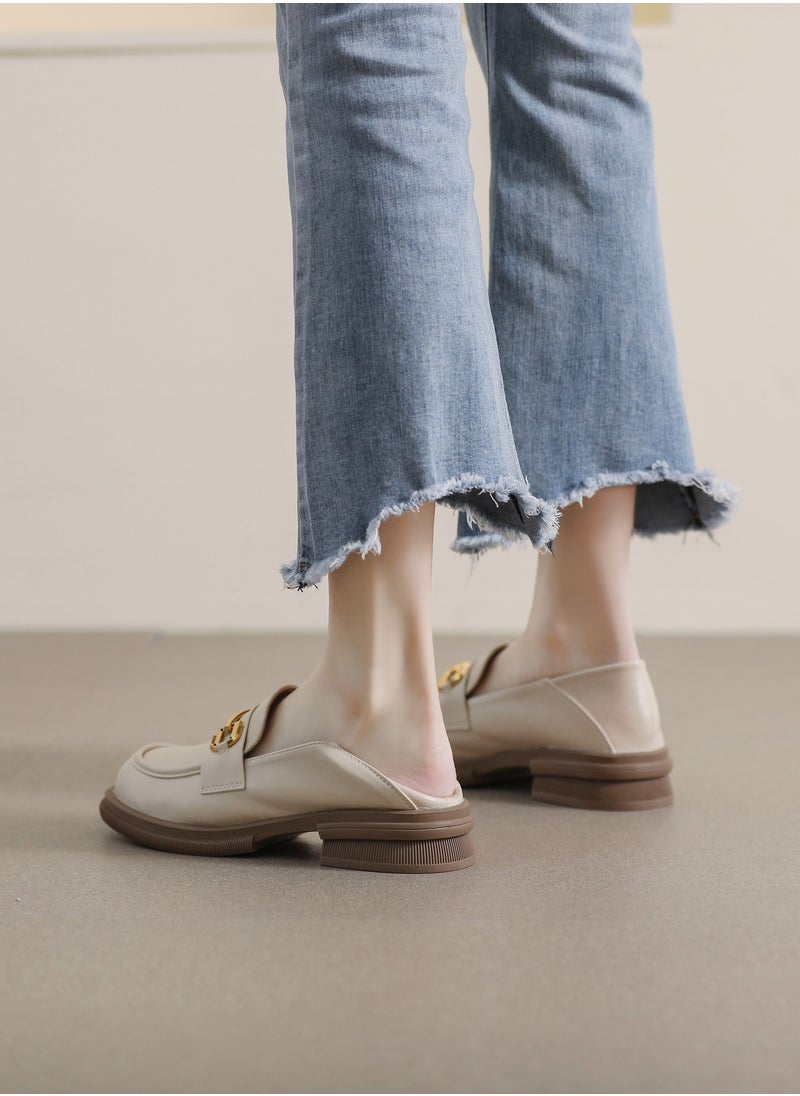 Vintage One Foot Pedal Small Leather Shoes British Style Soft Sole Beige