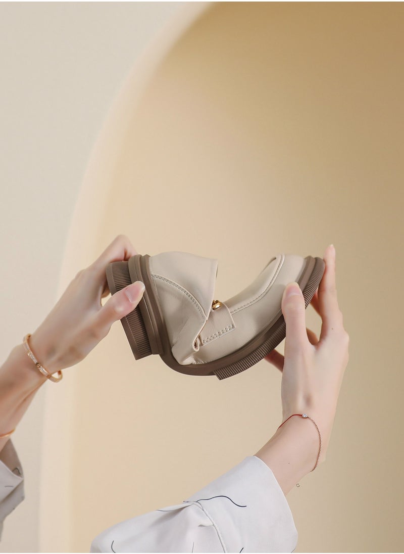 Vintage One Foot Pedal Small Leather Shoes British Style Soft Sole Beige